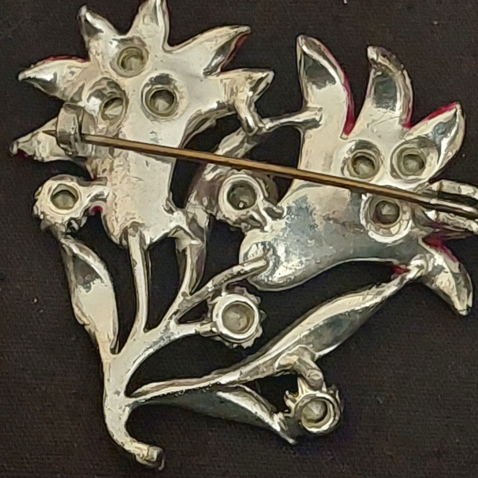 Vintage British Pink Green Guilloche Enamel Lily Rhinestones Flower Brooch