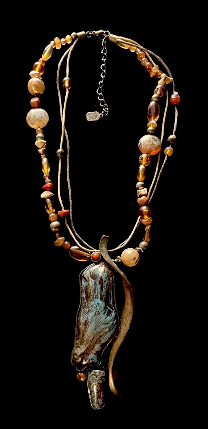 Vintage Signed Youbi Multi Color Beads Pendant Leather Cord Necklace 14” L NK#27