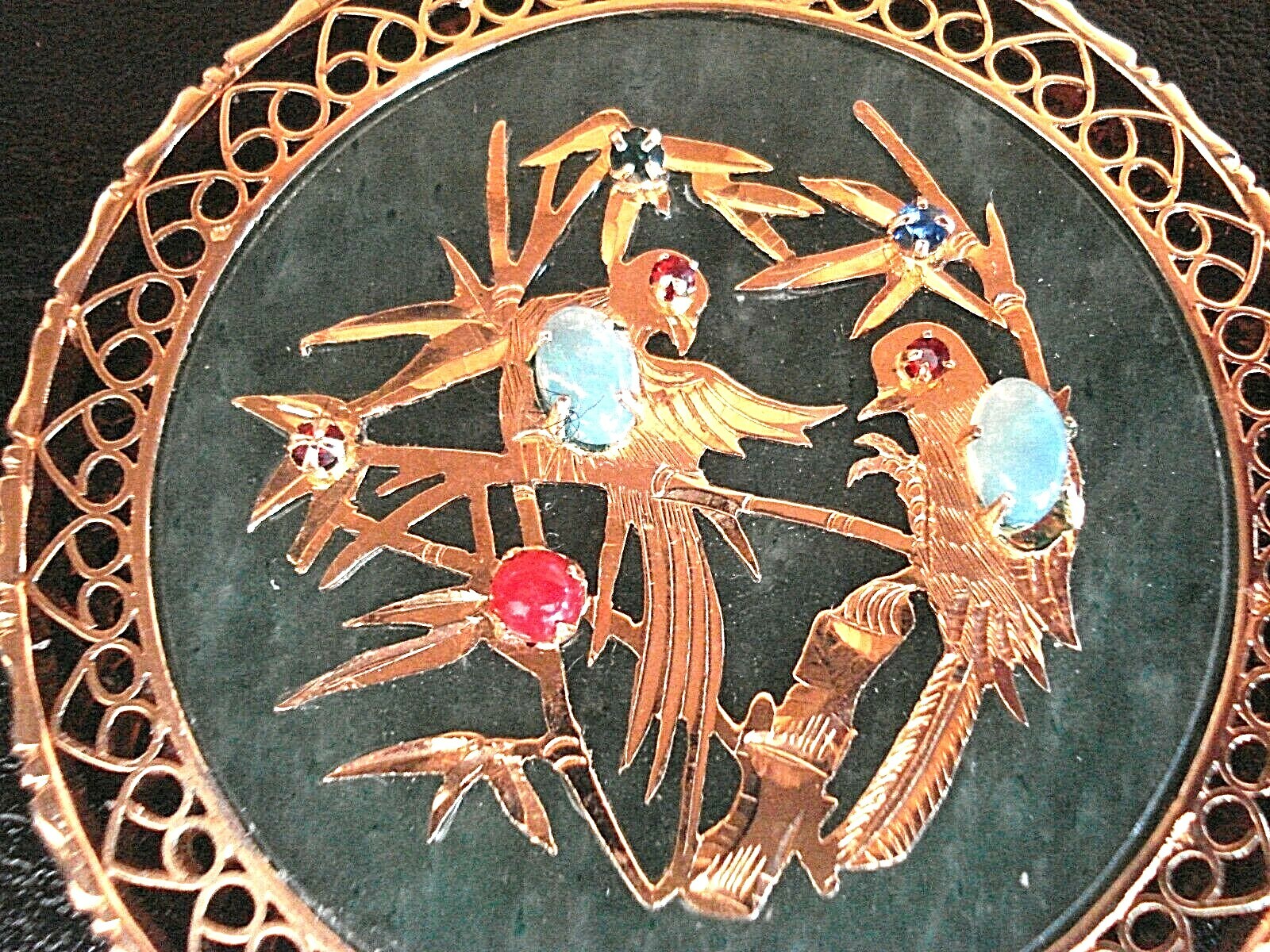 RARE Beautiful Vtg. Chinese Gold-Pl Jade & Gemstone Bird Pendant