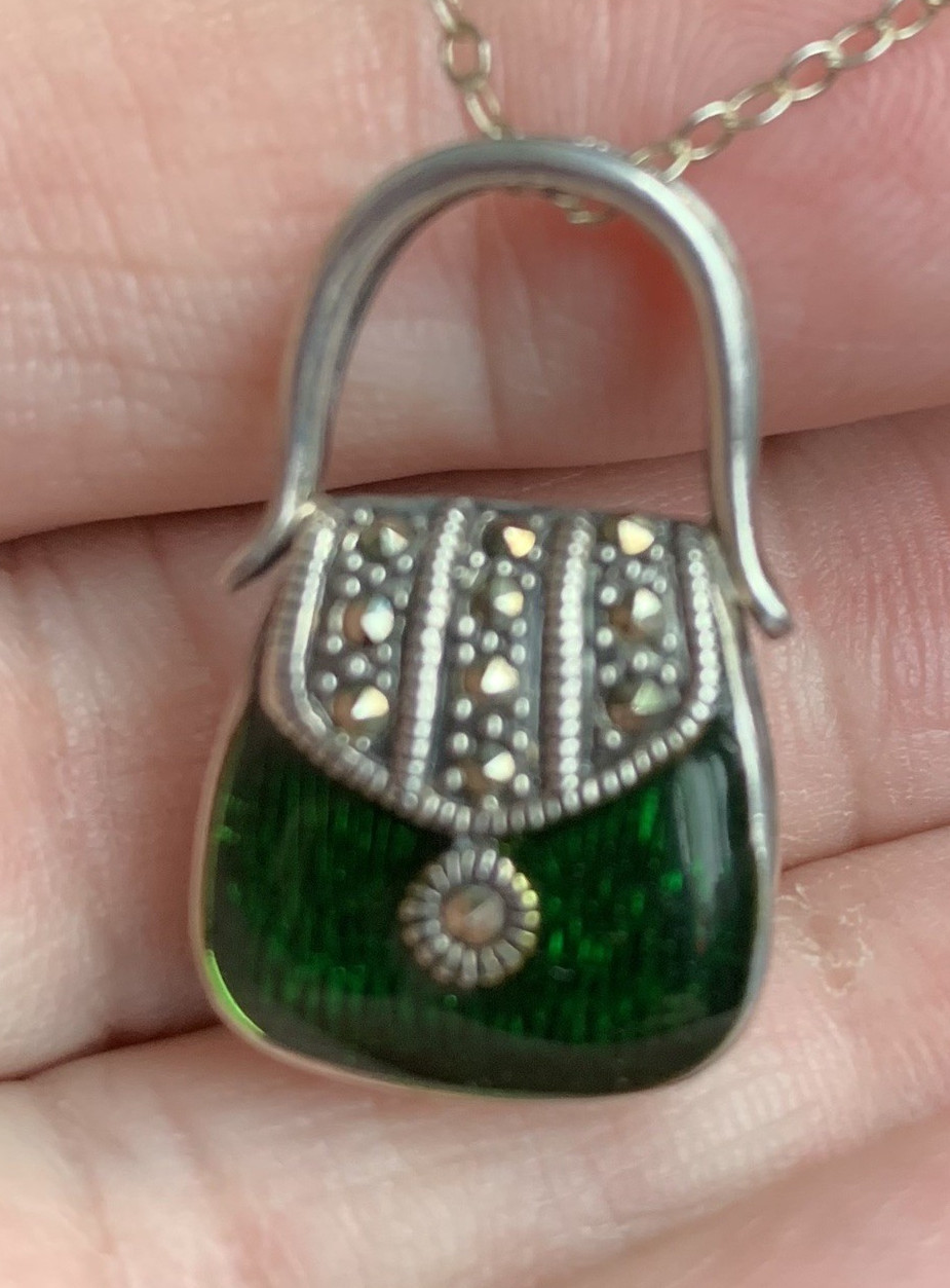 Vintage 925 Sterling Silver Green Guilloche Enamel Purse Handbag Pendant w/Chain