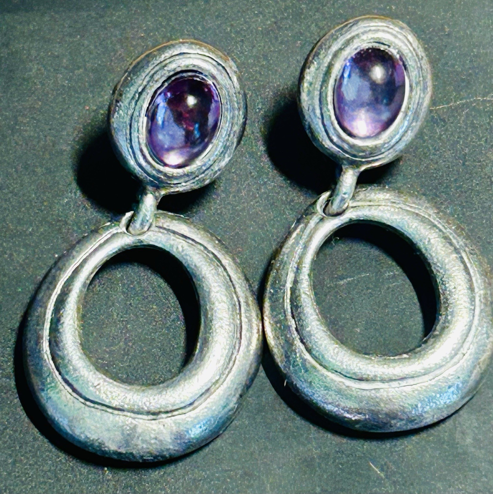 Vntg Sterling Door Knocker Dangle Post Earrings Purple Glass Cabochon 12.85 G