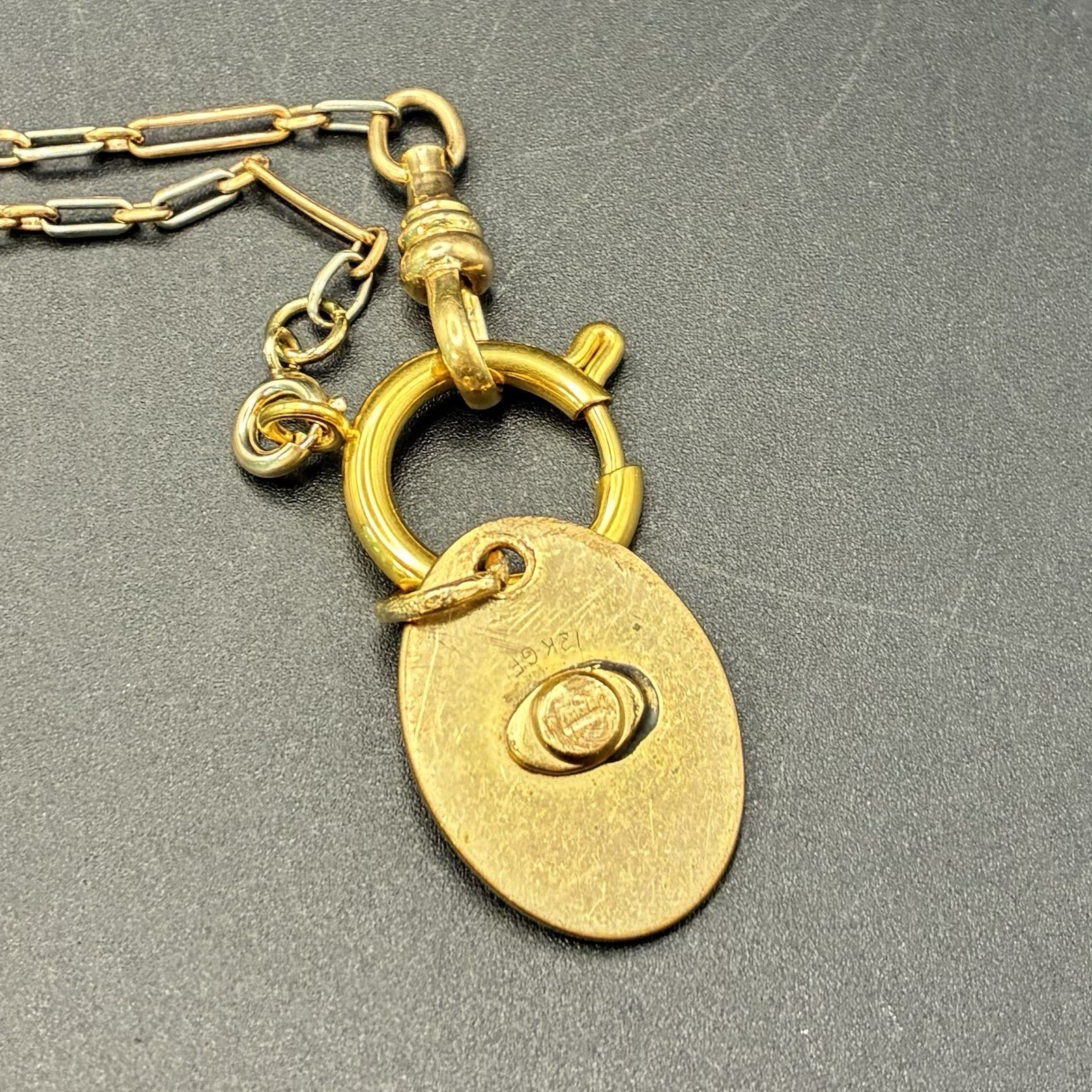 Vintage 12k Gold Filled Pocket Watch Chain FOB,Dog Clip,O-Ring, Ruby-Glass Charm
