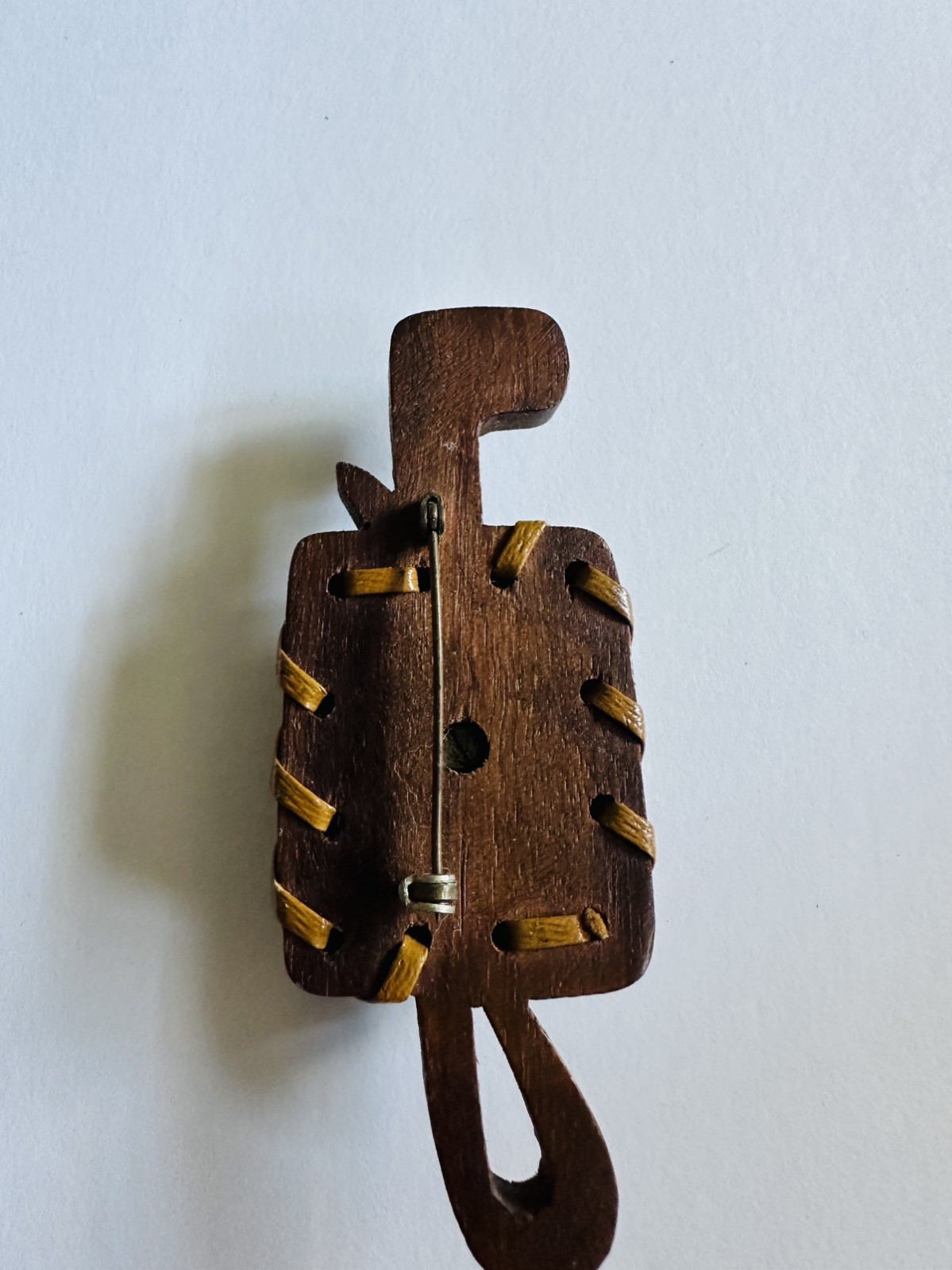Vintage Hand Carved Brown Wood Horse Head Equestrian Pin Leather 30s Deco Brooch