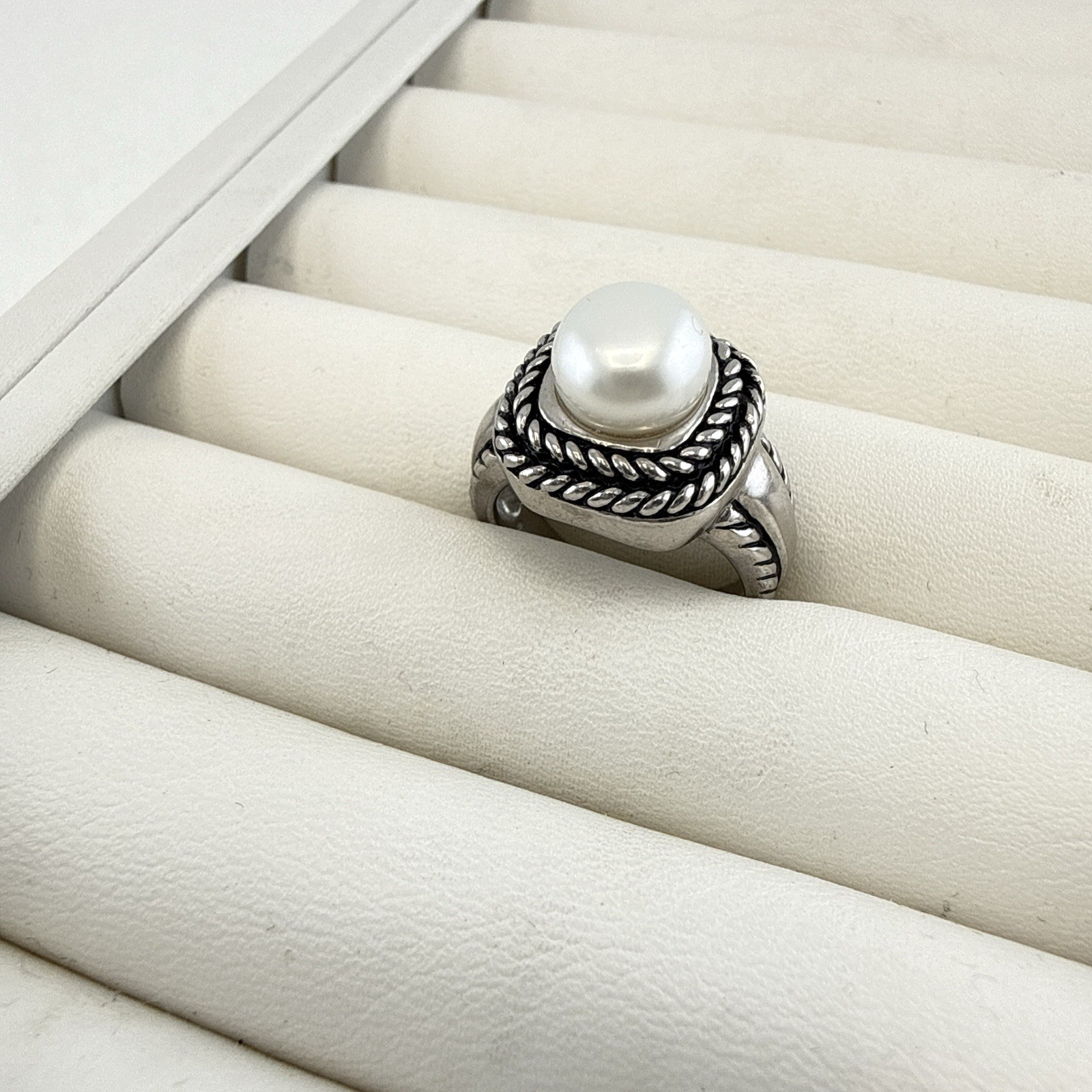 Honora Ring Pearl Sterling Silver Cable Rope 925 size 7 Button White Modern
