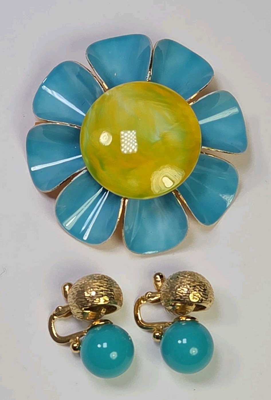 Vintage Signed Original By Robert Teal Swirl Enamel Flower Brooch Earrings 2.25″