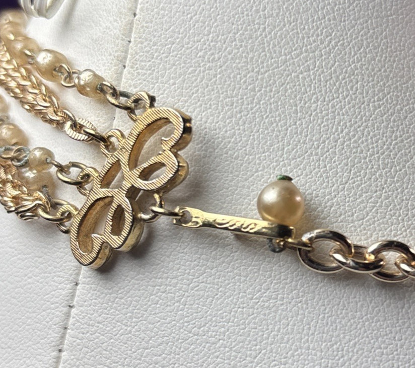 Vintage Multi-Strand Layered Gold Chain W/Faux Pearls Drape Necklace N34