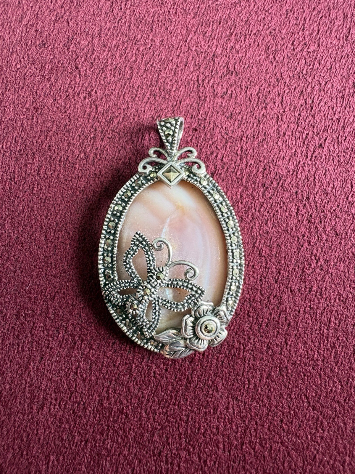 925 Sterling Silver Marcasite Mother of Pearl Butterfly Pendant Vintage