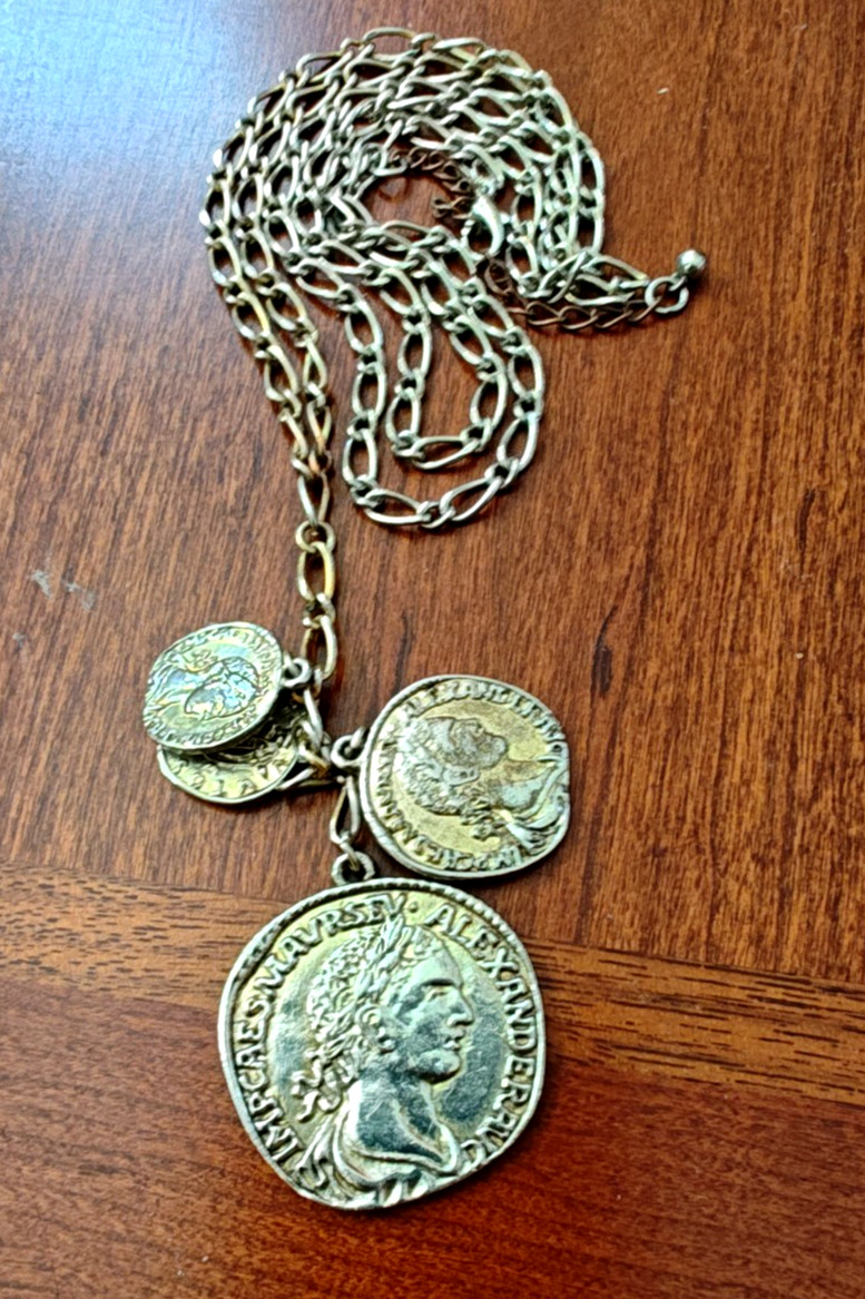 Vintage Coin Charm Necklace Greek Roman Dangles Gold Tone Chain 30″