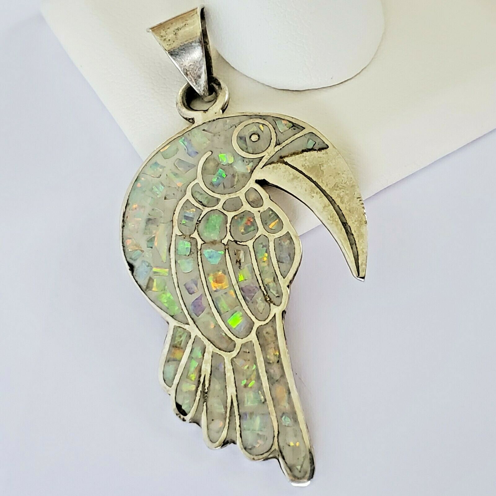Vintage 925 Sterling Silver Iridescent Faux Opal Chip Inlay Toucan Large Pendant