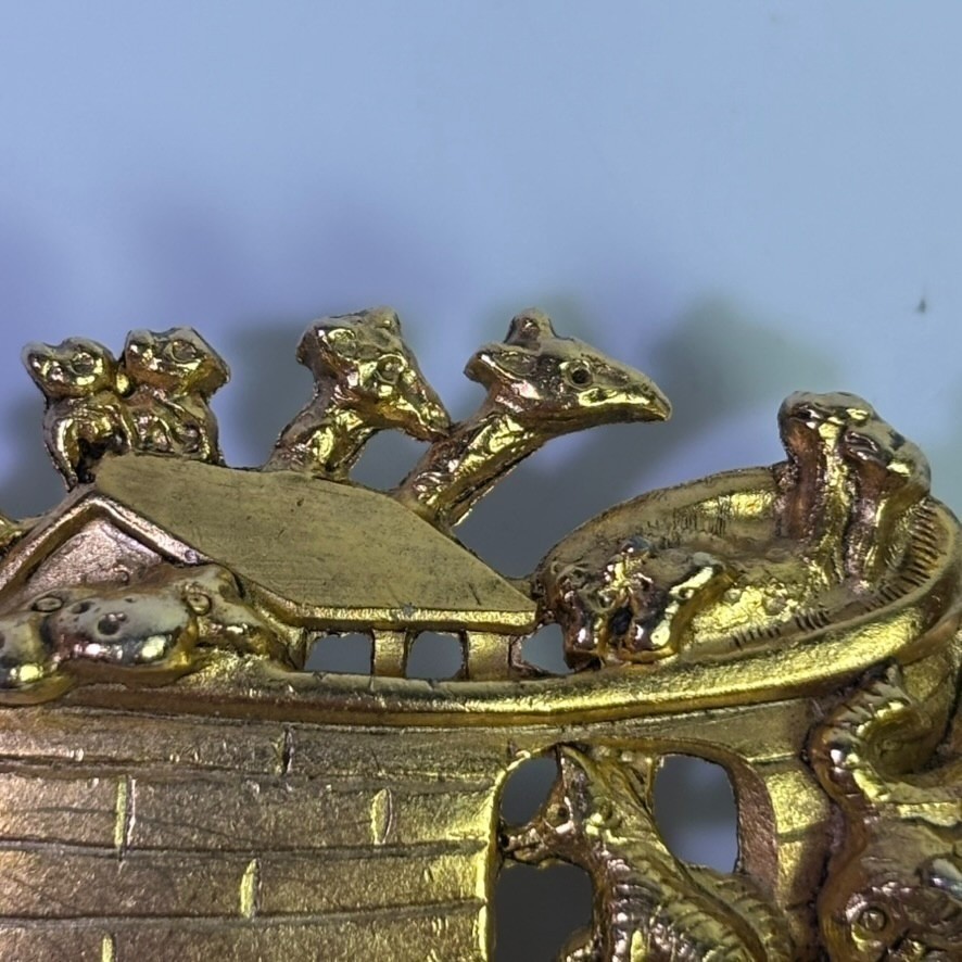 Brooch Gold Tone Noahs Ark Animals Heavy Vintage Piece Intricate Detail