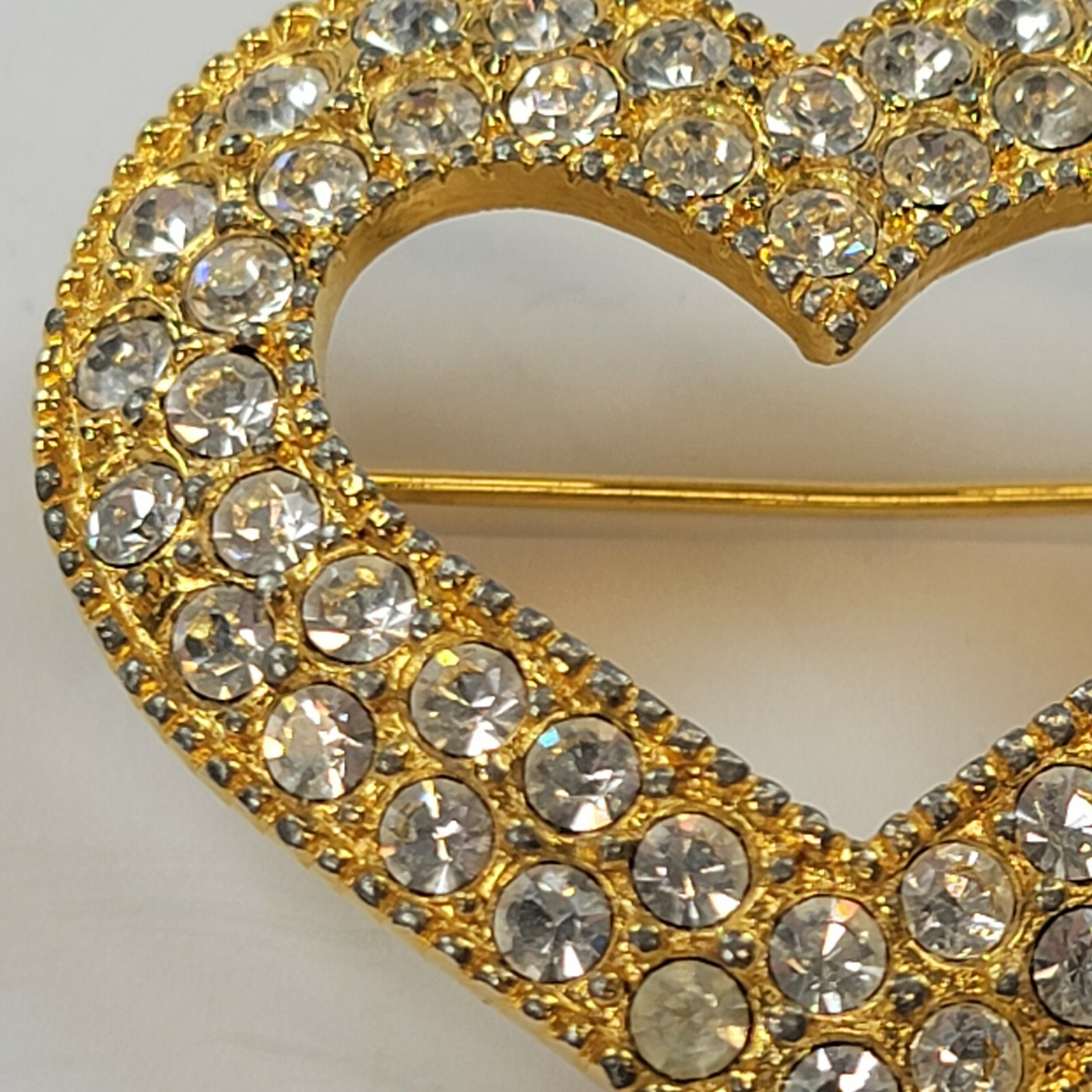 Heart Brooch Vintage Gold-Tone Pave Rhinestones 41mm x 39mm Made in USA