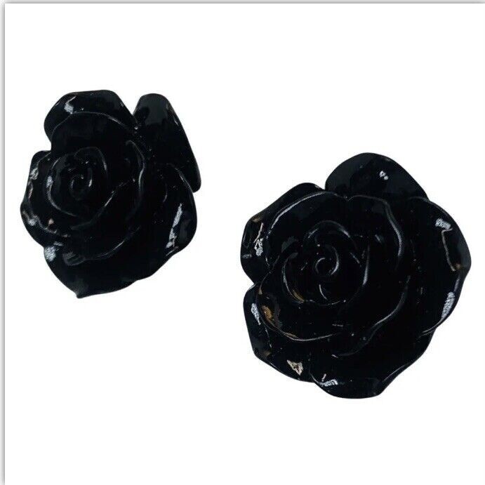 Black Rose Earrings Flower Button Stud 1″ Pierced Lucite Gothic Punk Indie