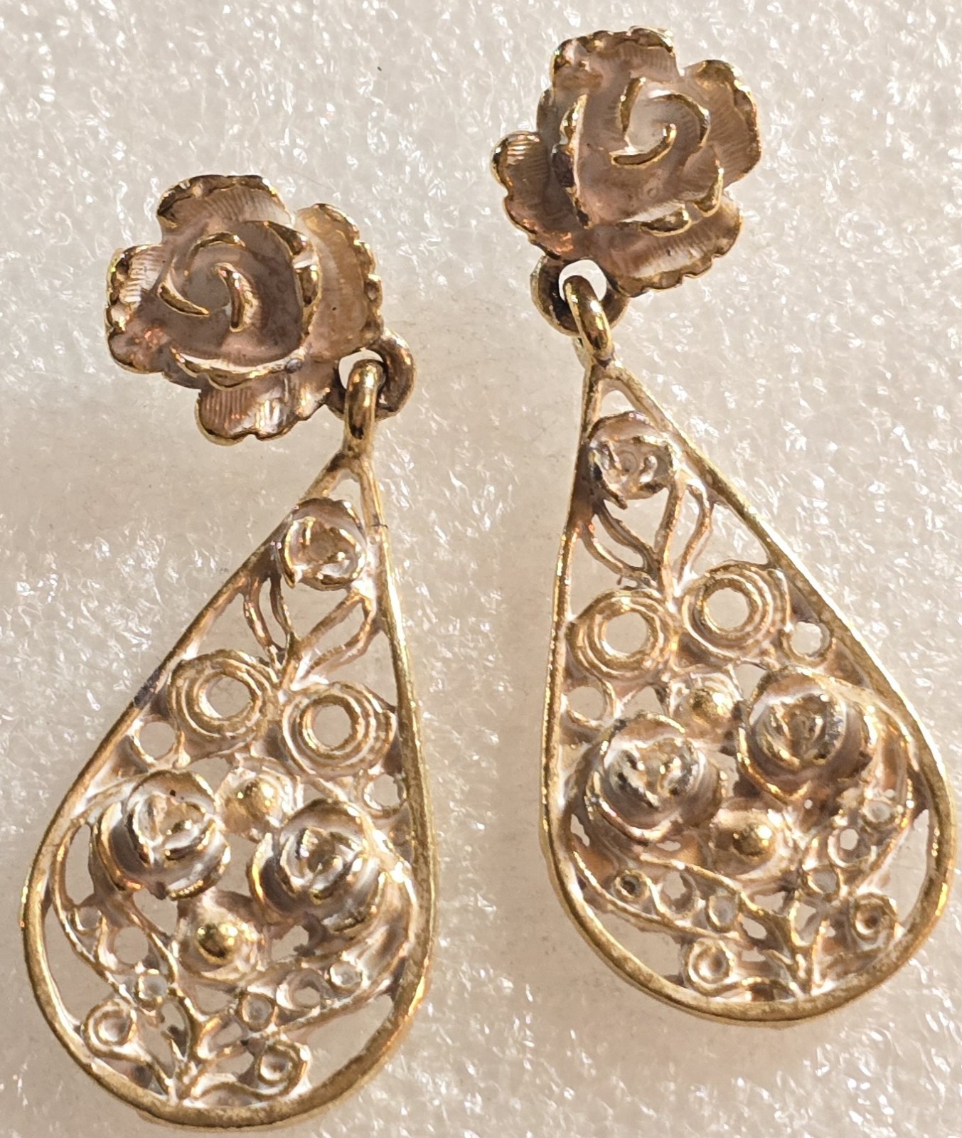 Vintage White Enamel Roses Cannetille Etruscan style Drop Pierced Earrings