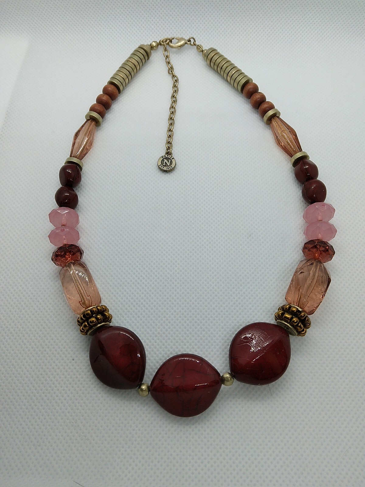 Vintage Napier Red Gold Pink Beaded Necklace Signed 16″ Choker with 3″ extender