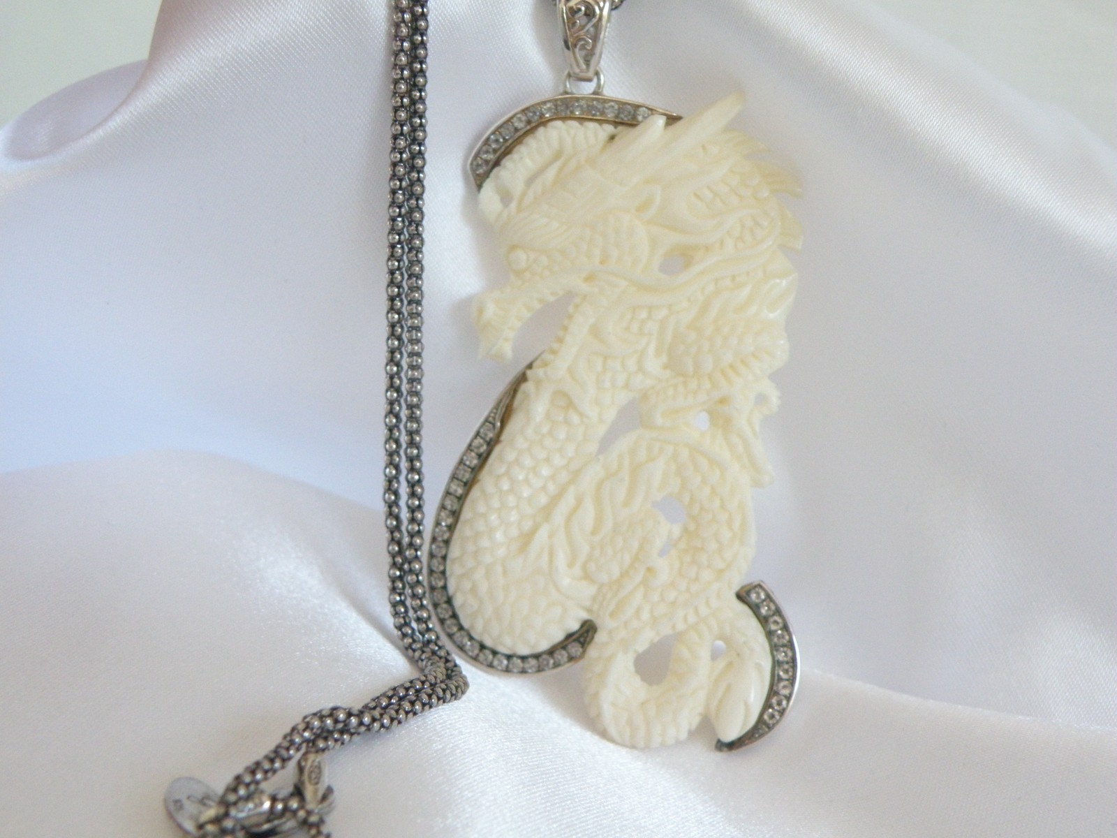 Huge Samuel B Carved CZ Dragon Statement Pendant Popcorn Mesh Necklace
