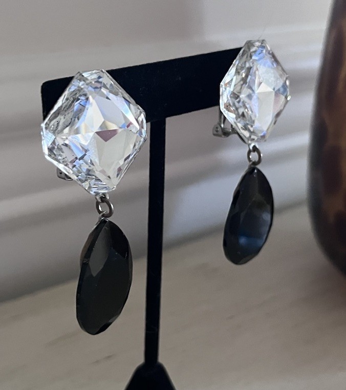Vintage Glass Black Clear Faceted Crystal 2.5” Statement Drop Clip On Earrings