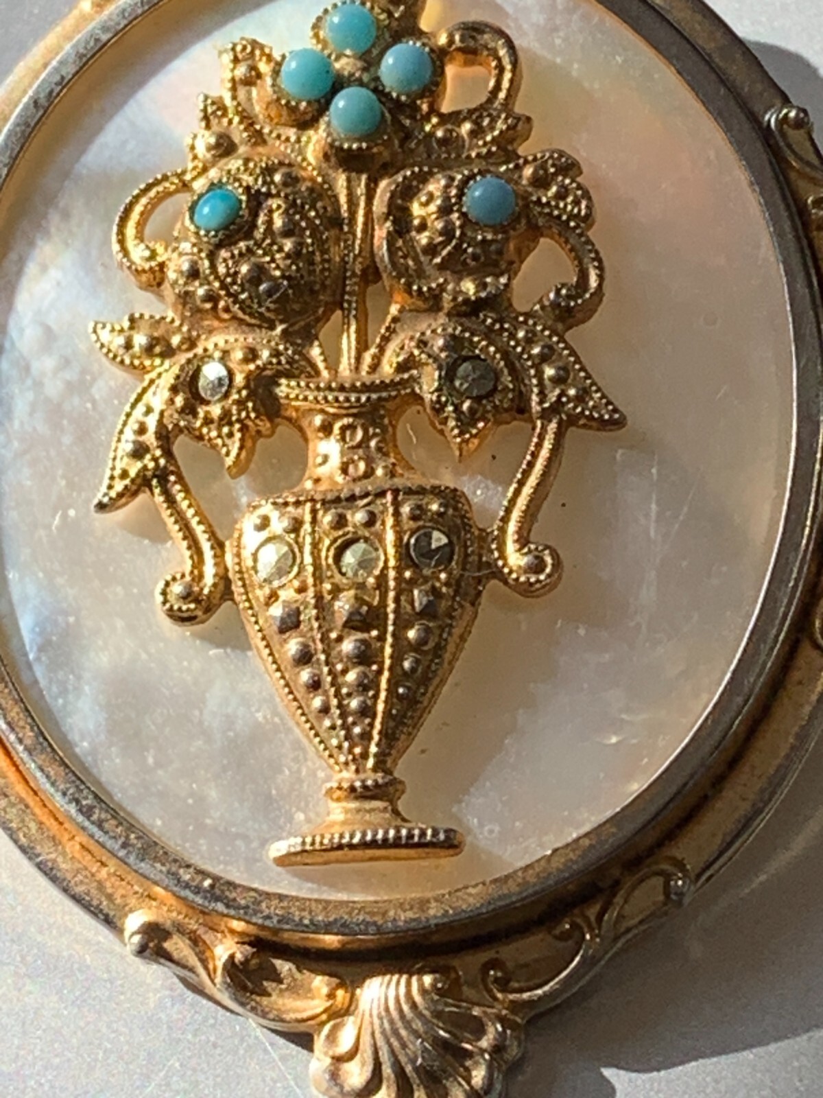 Mourning Pin Gold Wash Marquisate Turquoise Stones Florenza? Victorian Revival