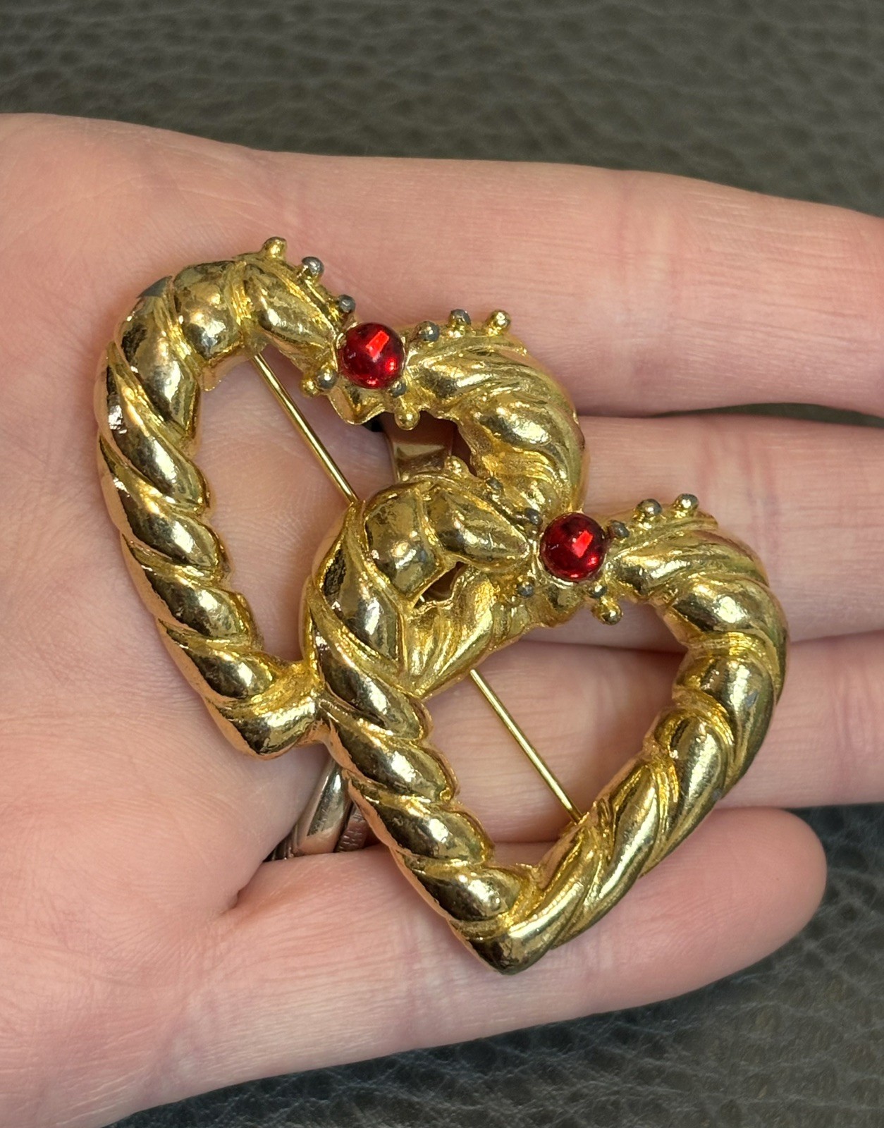 Vintage 80’s Double Heart Pin Brooch Red Gripoix Style Cabochon Gold Tone Runway