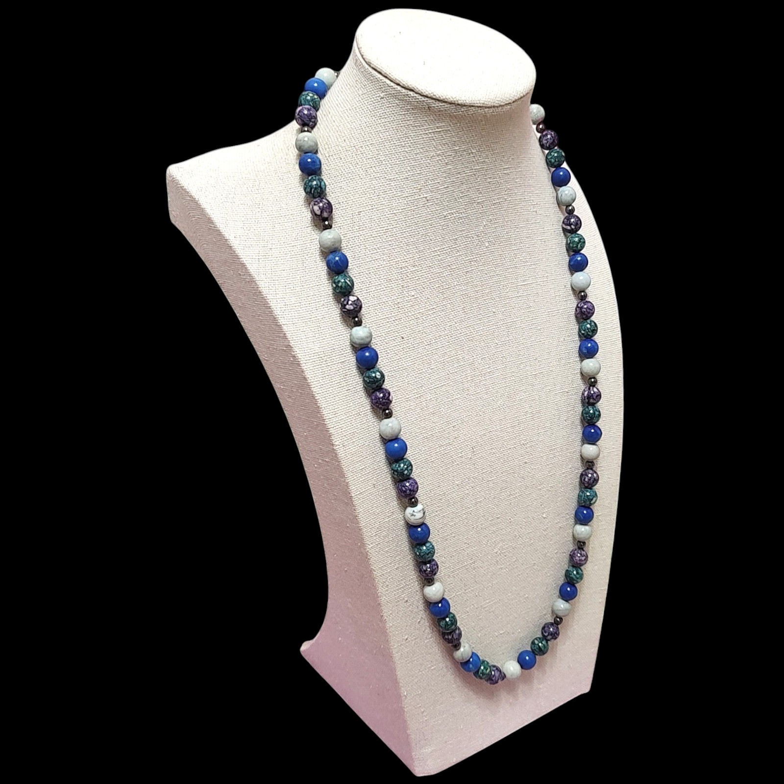 VTG Boho Long Blue Purple Natual Stone Beaded Bohemian Statement Necklace 25″