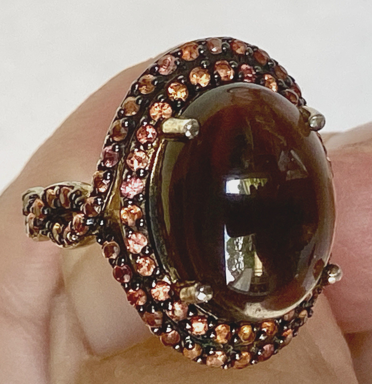 Clear Brown Stone w/Tiny Peach Stones Gold Plated Sterling Silver Ring TH , Sz 7