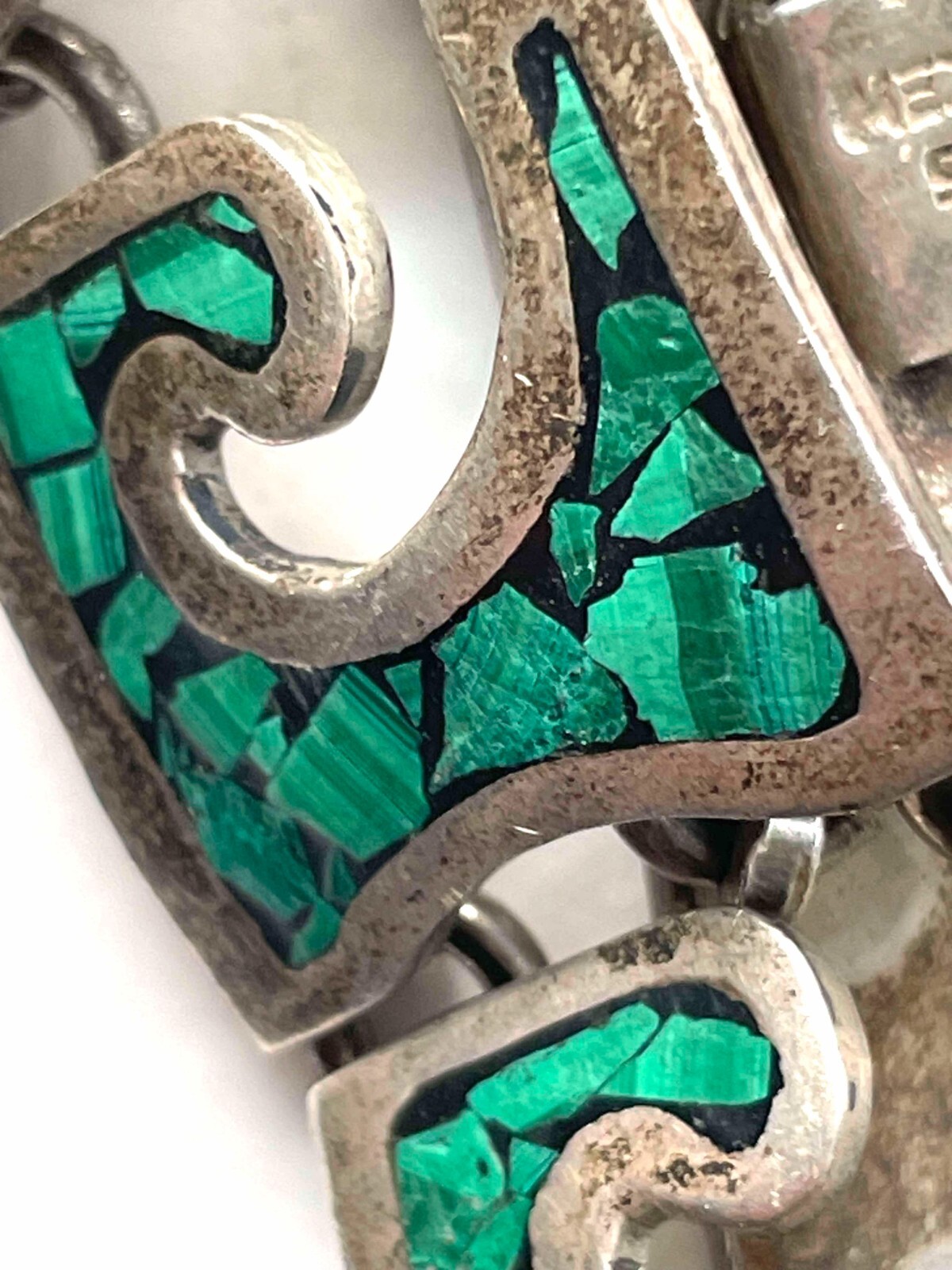 VTG Mexico Bracelet Sterling Malachite Chip Large Wrists 8″ 64g Modernist 1940s