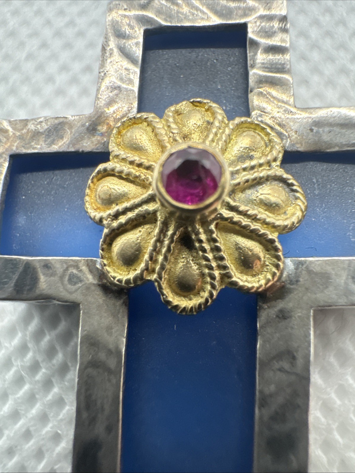 Cross Pendant Blue Glass Sterling Silver 18K Yellow Gold Red Ruby C17