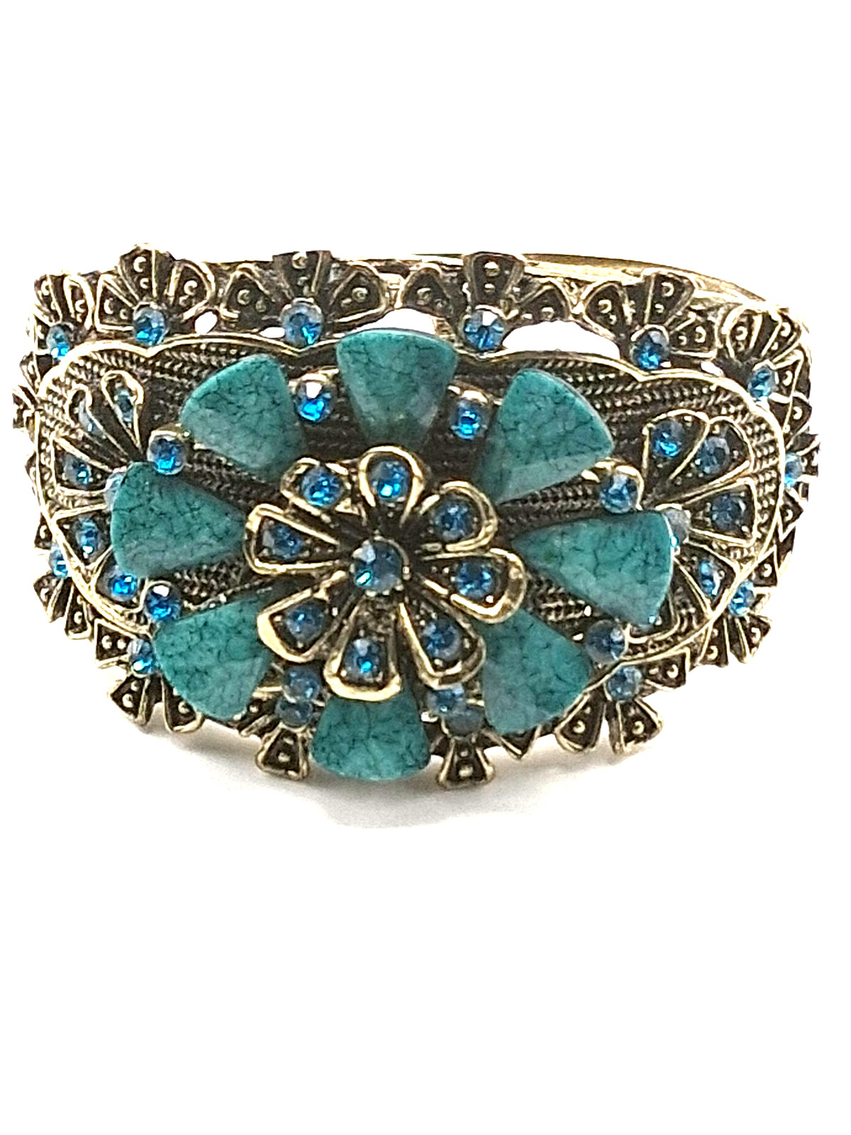 Victorian Style Filigree Cuff Bracelet Wide Blue Rhinestone Faux Turquoise