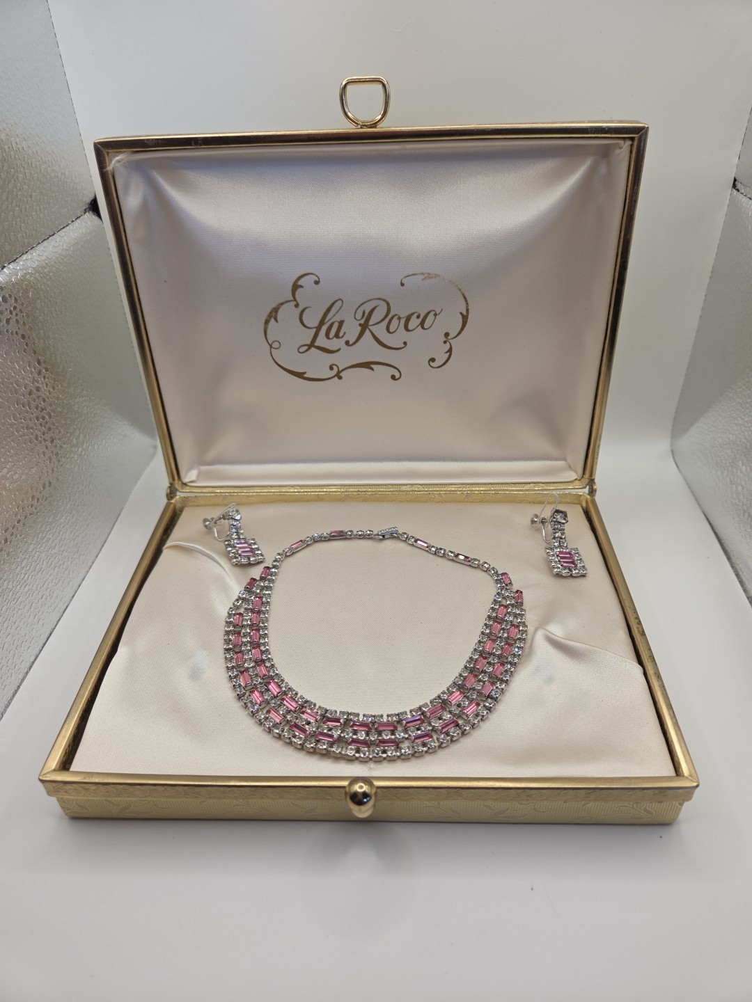 La Roco 1950’s Triple Row Baguette Collar Crystal Pink White Rhinestone Set Box