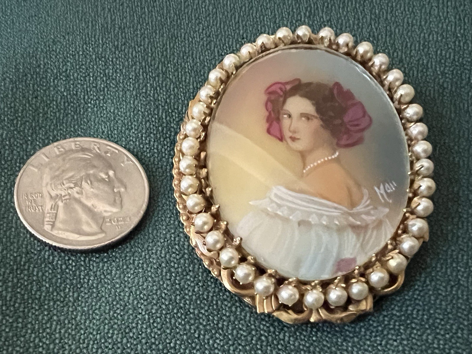 ORIGINAL BY ROBERT SIGNED HAND PAINTED PORTRAIT BROOCH FAUX PEARLS FRAMED SIGNED