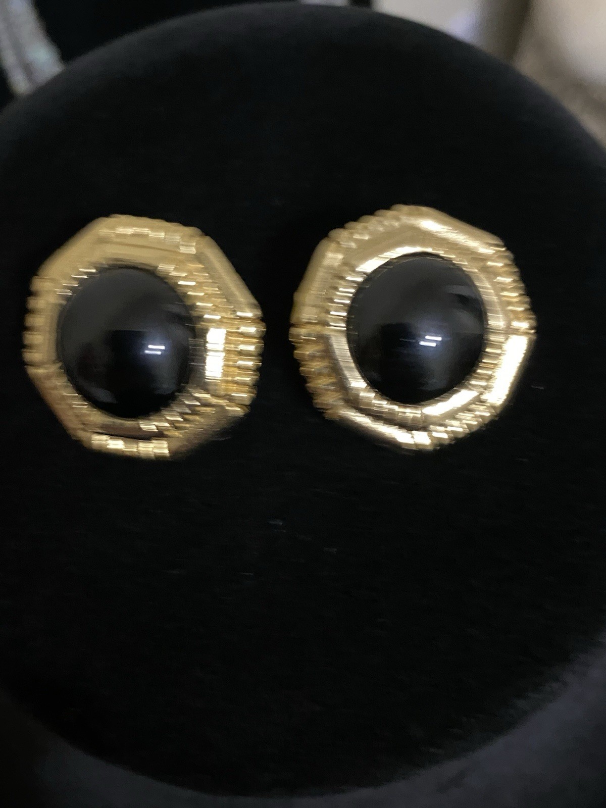 Vintage Black Cab Glass Classic Clip On Earrings Gold Tone