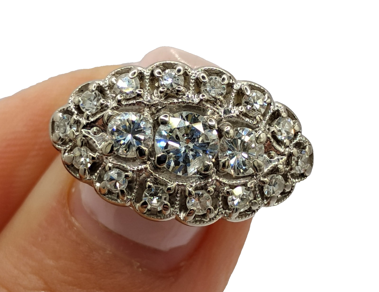 $7,500 1.00ctw ANTIQUE 3-STONE HALO WOMANS 14K WHITE GOLD THREE ROW DIAMOND RING
