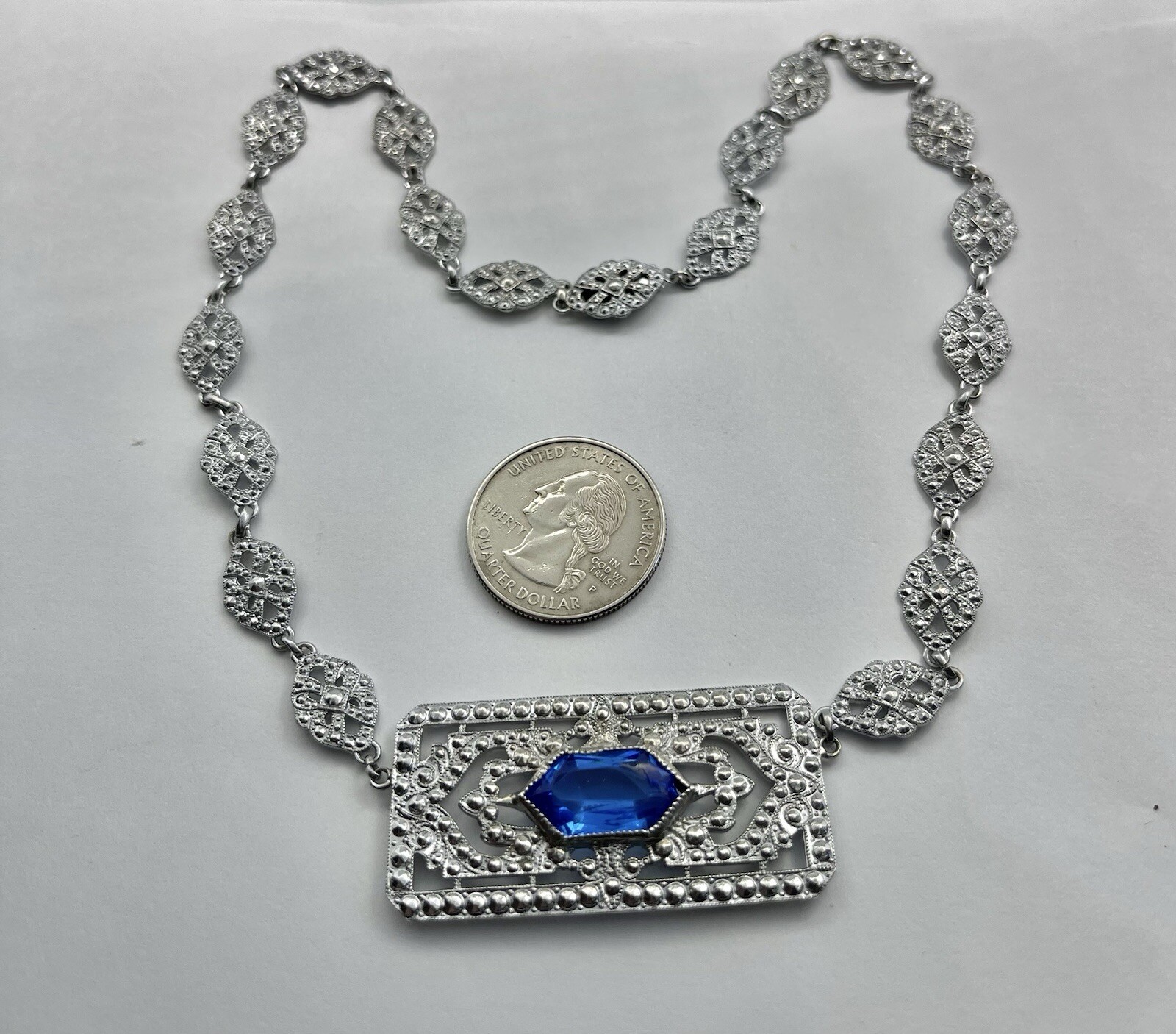 Antique Art Deco Blue Lozenge Shape Plaque Rhodium Plated Sterling Necklace