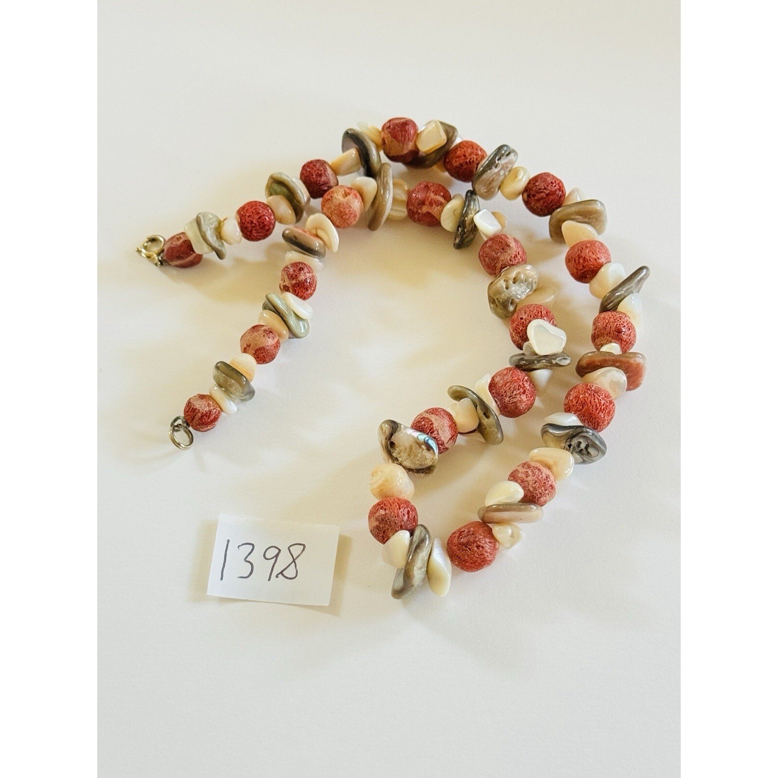 VTG Red Sponge Coral Mother Of Pearl Natural Necklace Beaded Genuine Choker 16″