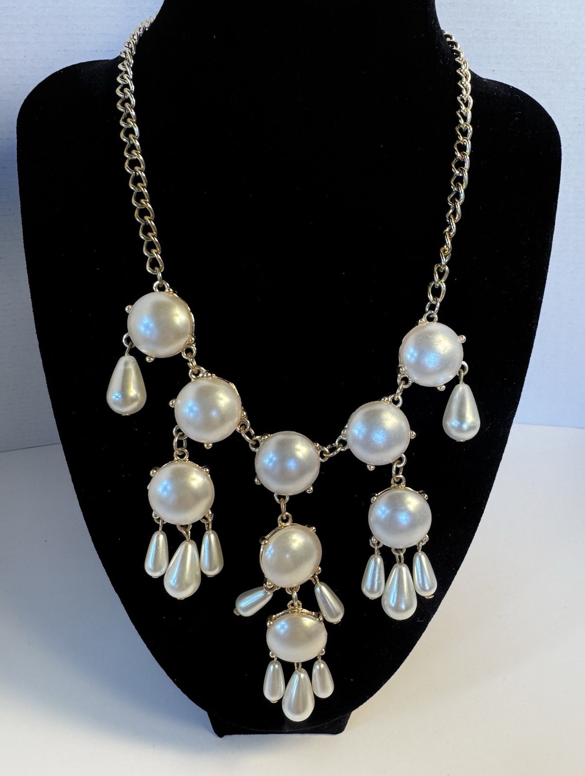 Faux Pearl Cluster Necklace Adjustable Length Ivory and Gold Tone