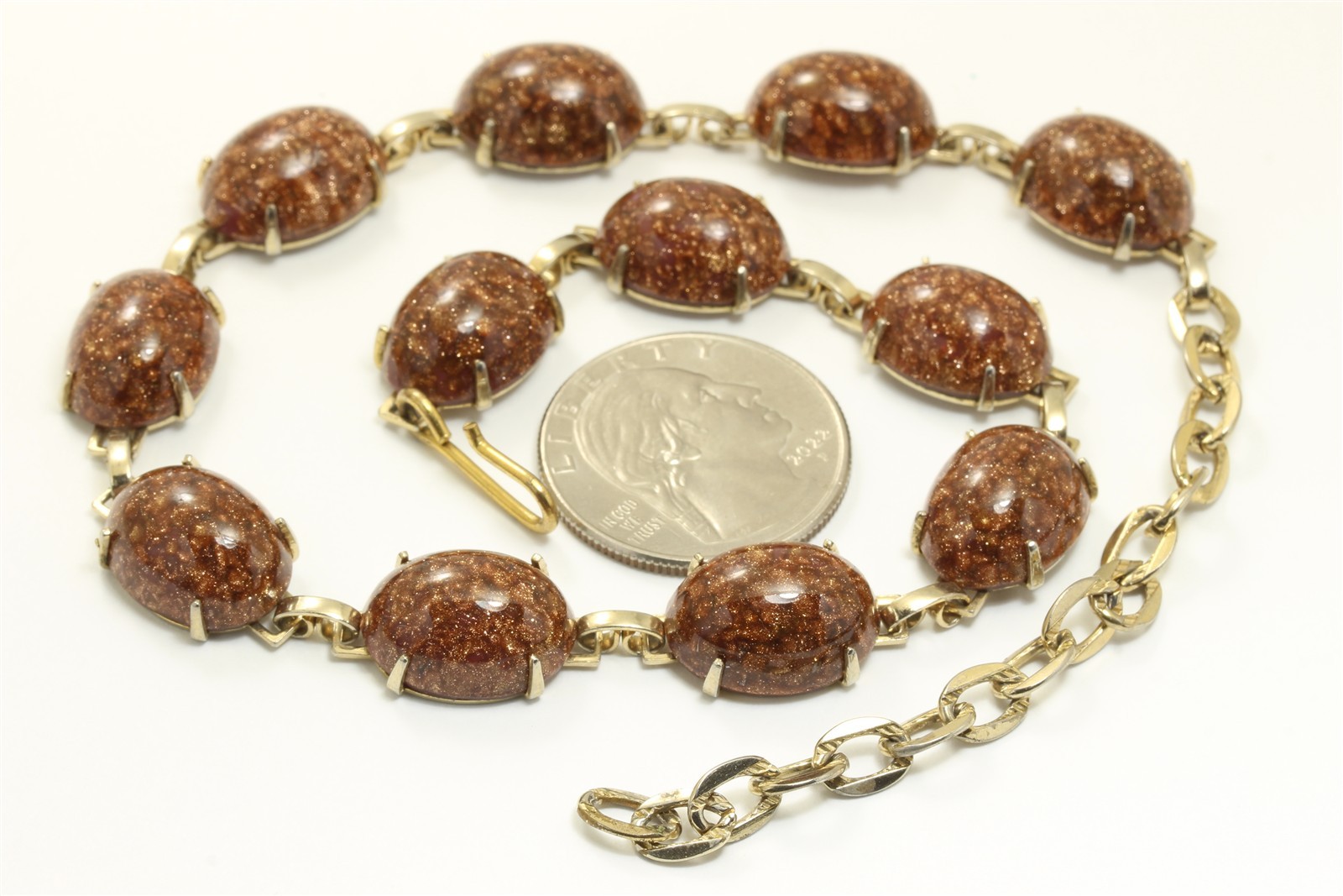 Vintage Gold Tone Foil Glass Cabochon Link Chain Necklace