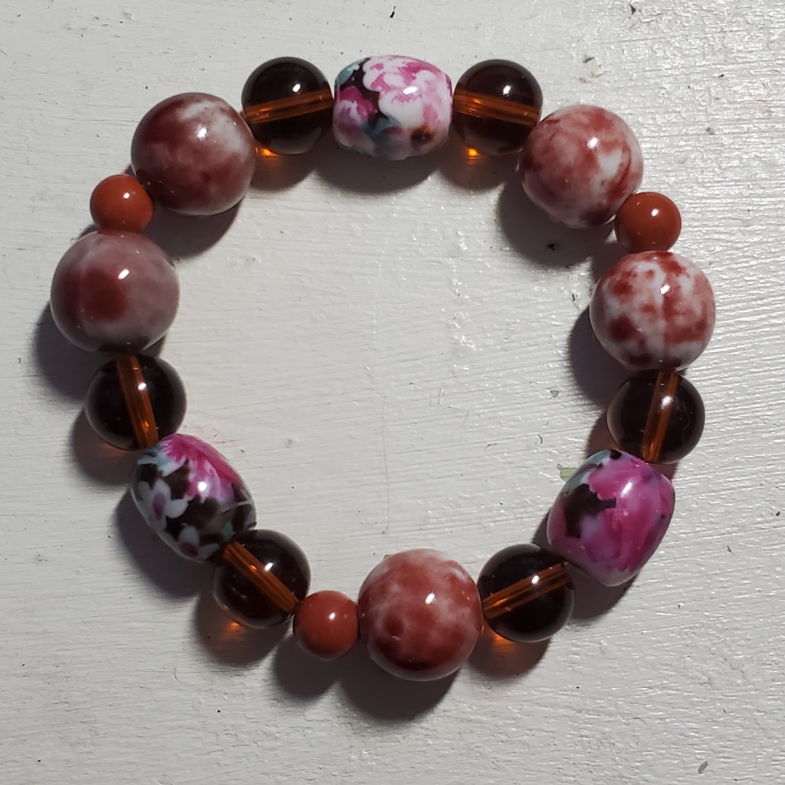 Vintage Bracelet Earthy Ceramic Glass Stretchy Handmade Earthtones