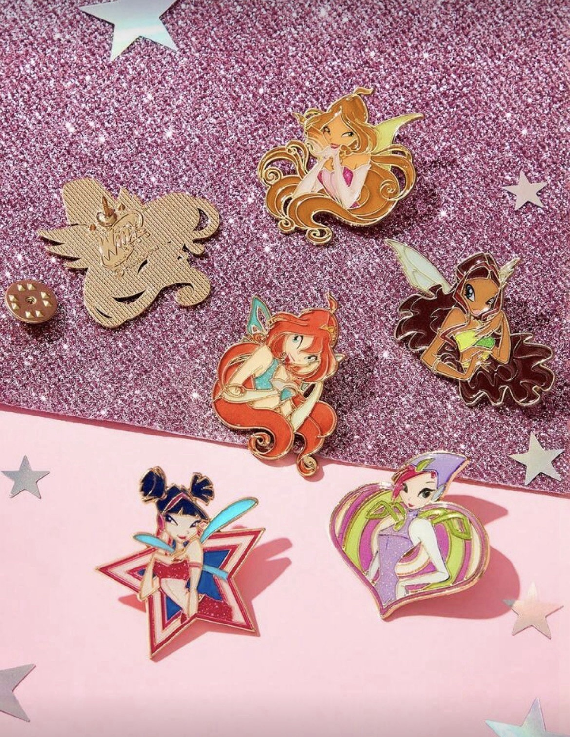New SET OF 6 WINX CLUB Pins FAIRIES Brooch BLOOM Stella FLORA Aisha Metal Pin