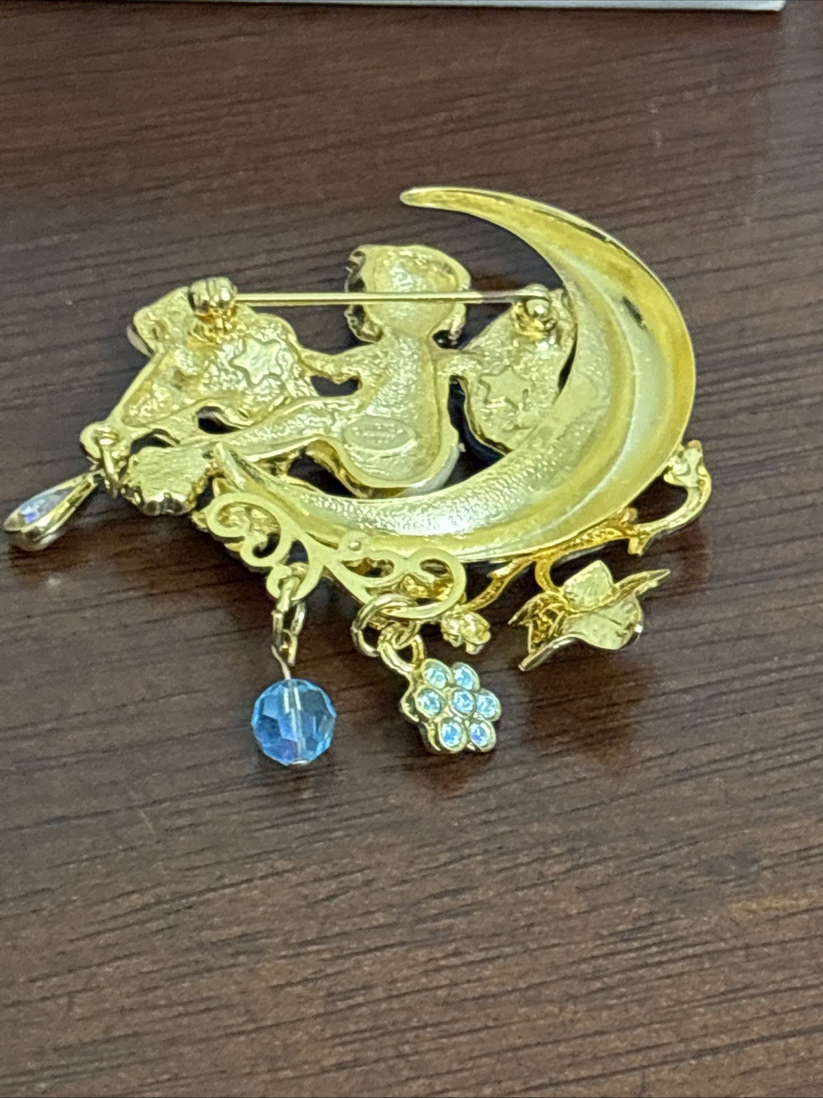 Vintage Kirks Folly Gold Fairy on Crescent Moon Dangle Brooch w Charms 2″