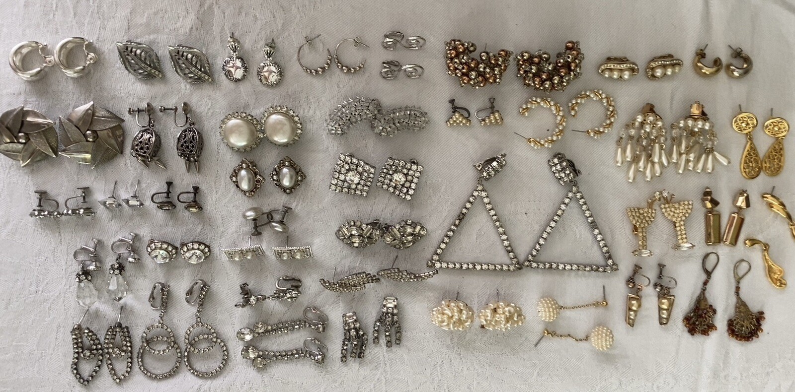 Vintage Earring Lot 40 Clip Dangle Statement Screw Sparkle Cocktail Wear Signed