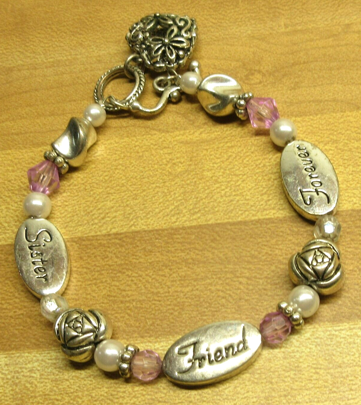 VTG SISTER HEART FLOWER CHARM Black silver tone pink cream faux pearl Bracelet