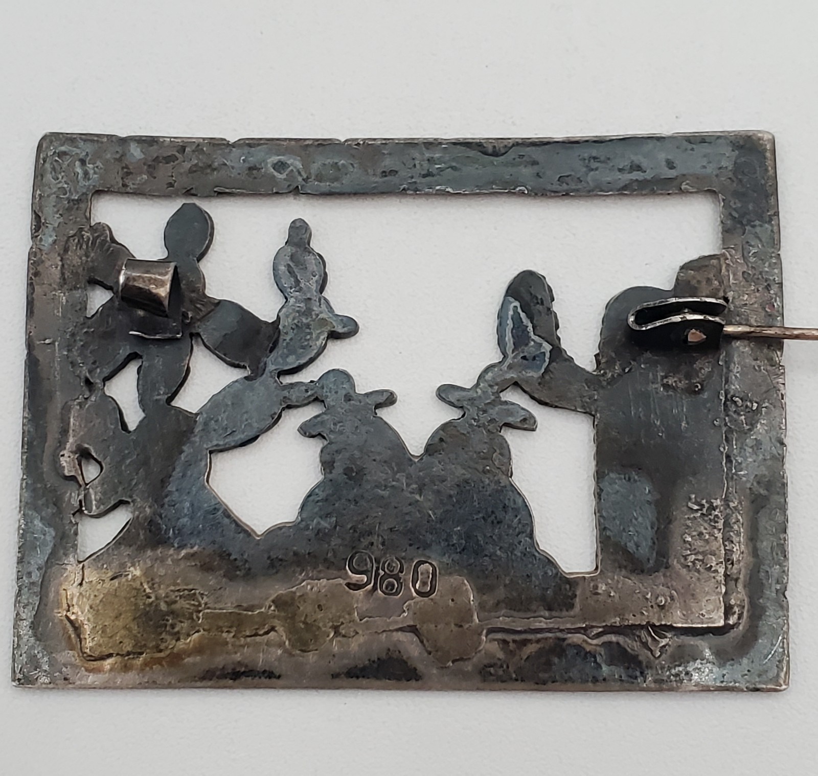 Mexican 980 Silver Brooch 2in Siesta Men Cactus Scene Handmade 17.1g Fine VTG