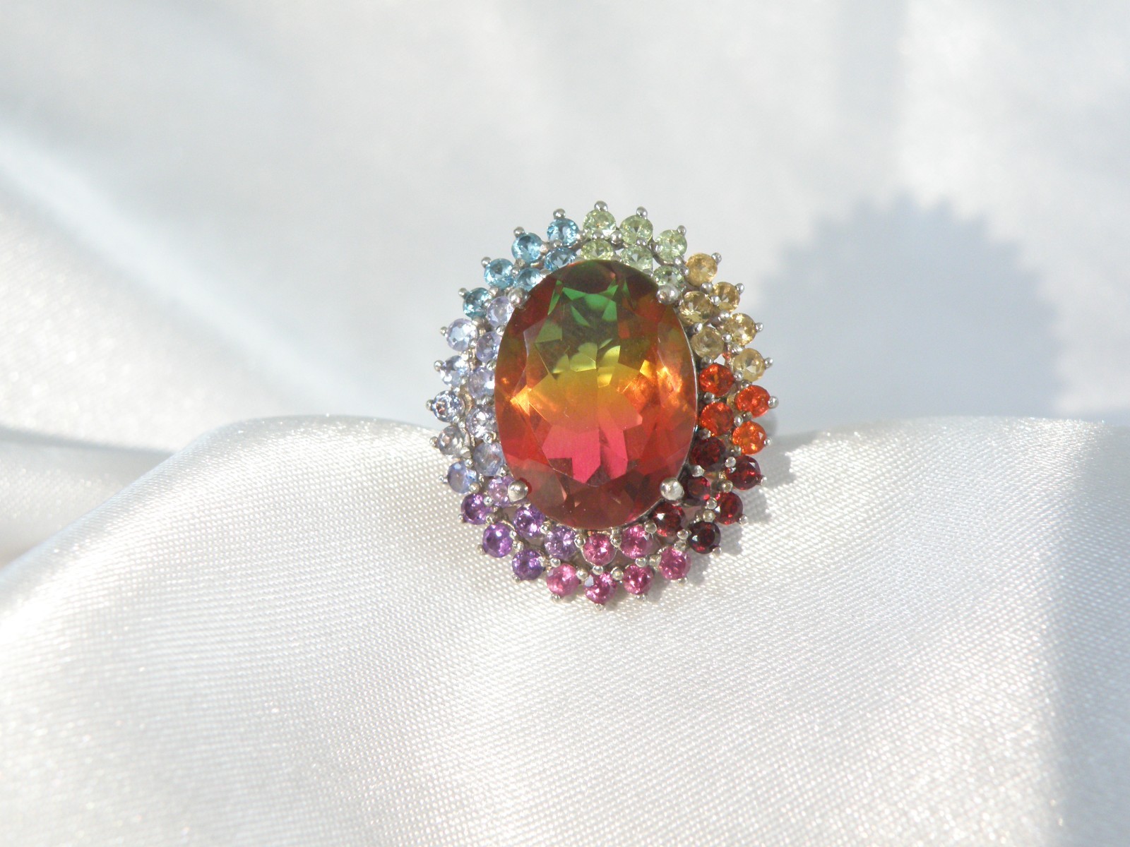 Large Sterling Silver 925 Watermelon Tourmaline Exotic Gemstone Statement Ring 8
