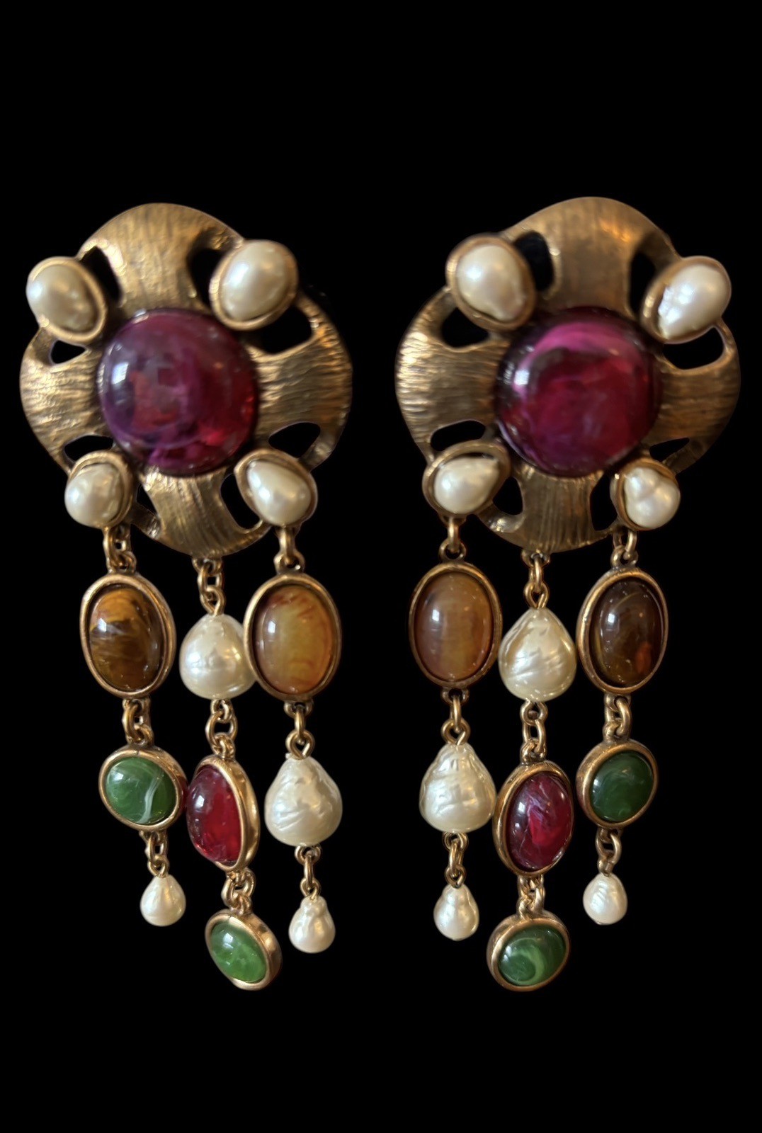 Vintage Oscar de La Renta Faux Pearl & Cabochon Chandelier Clip Earrings