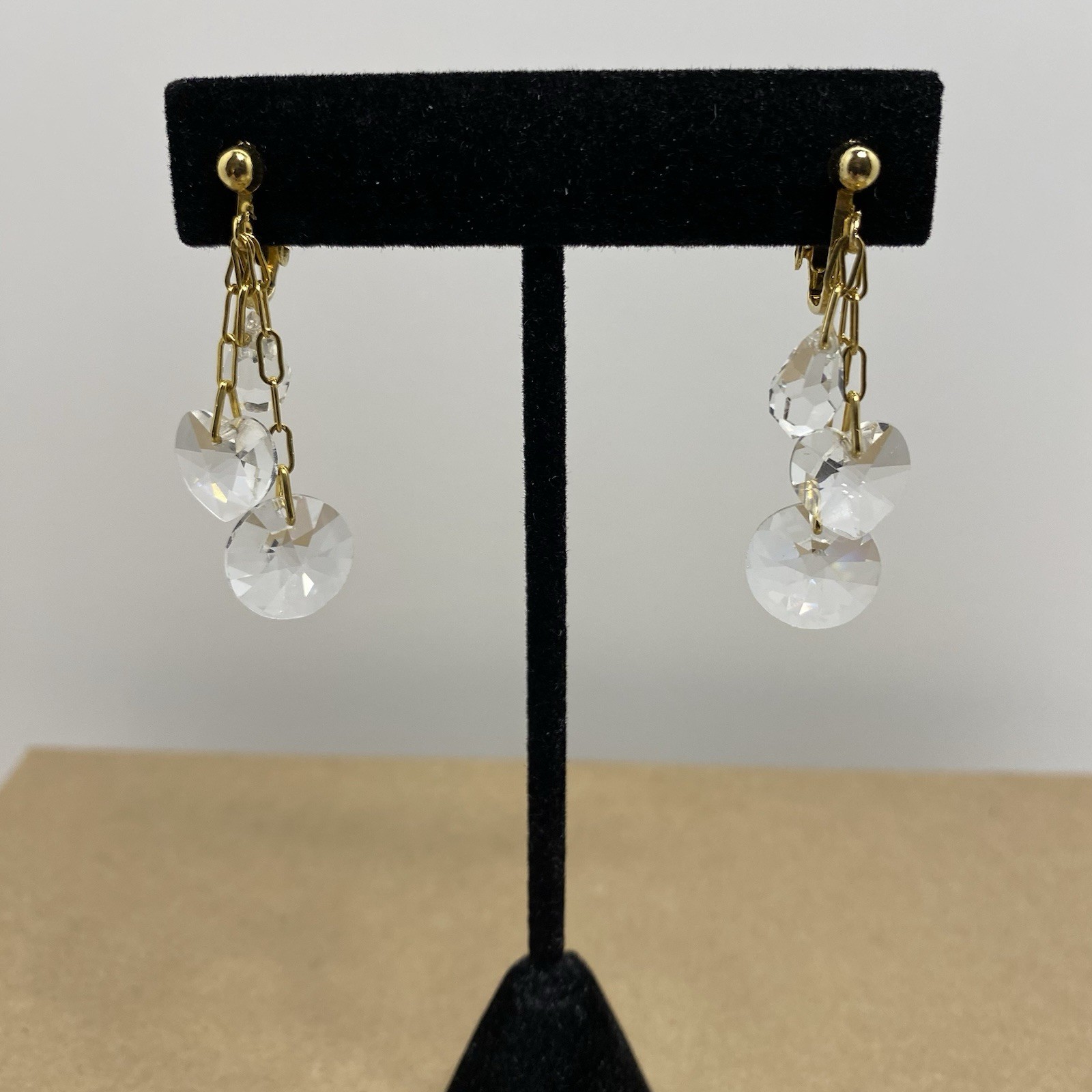 Hoop Dangle Drop Clip On Earrings Gold Tone Crystal Beads Boho