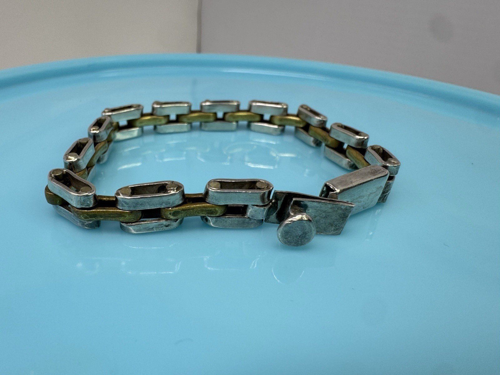 7” Vintage Sterling Silver Brass Taxco Mexico Chain Bracelet Link Tight Clasp 27