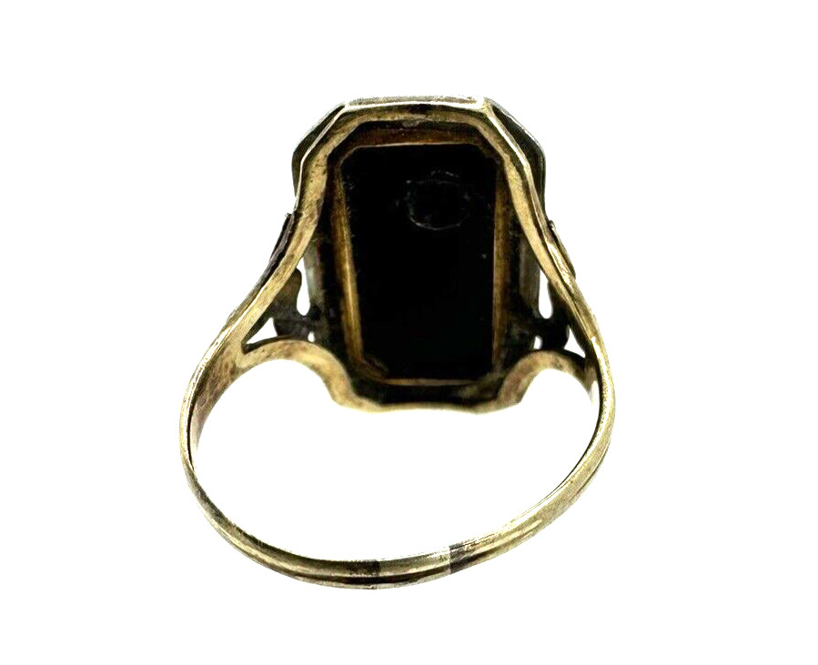Vintage 10K Yellow and White Gold Black Onyx Diamond Ring Size 6.75