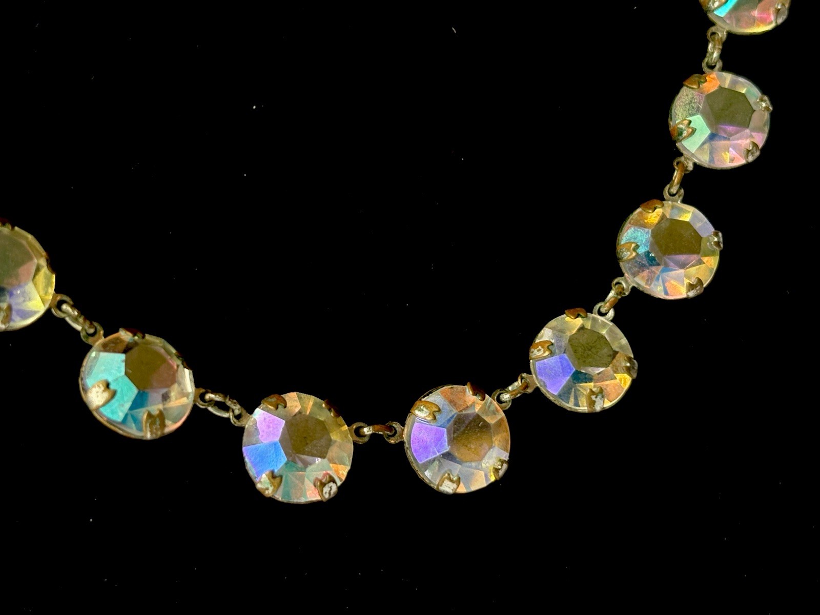 Antique Art Deco Clear Aurora Borealis Crystal Prong Set 15 1/2 inch Necklace