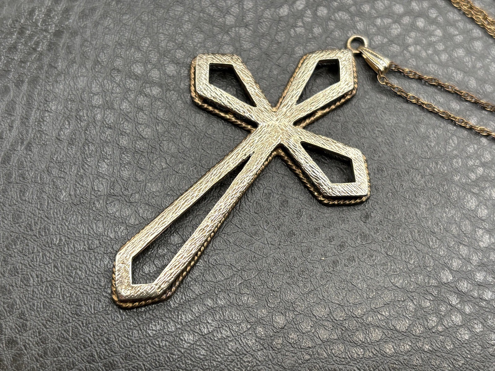 HUGE Vermeil Sterling Silver Cross Pendant And Gold Filled Chain Necklace 28”