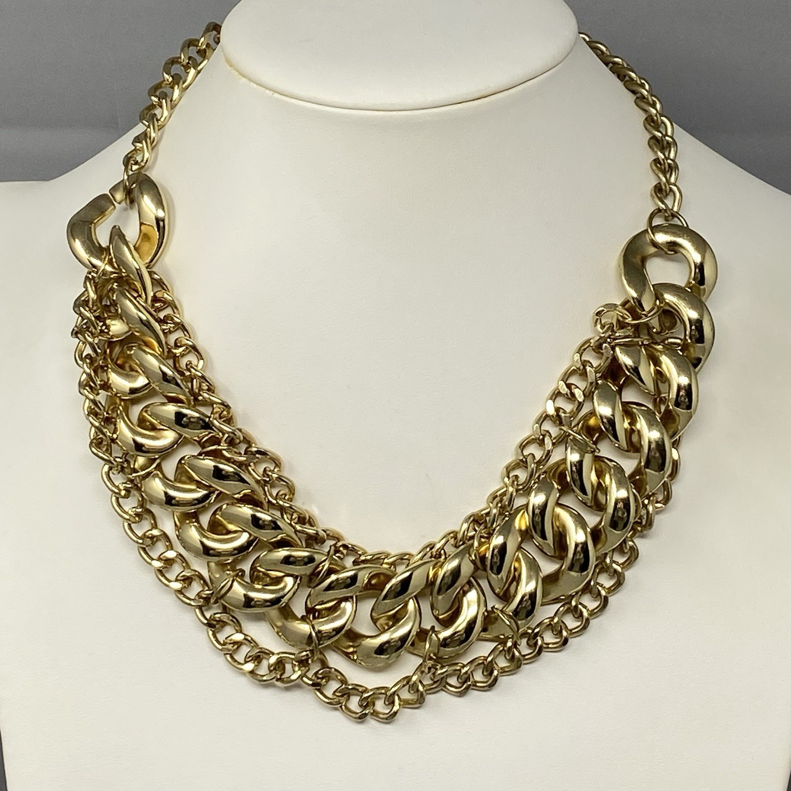 Designer Gold Tone Bib Chain Necklace Lightweight Curb Link Statement Collar 17″