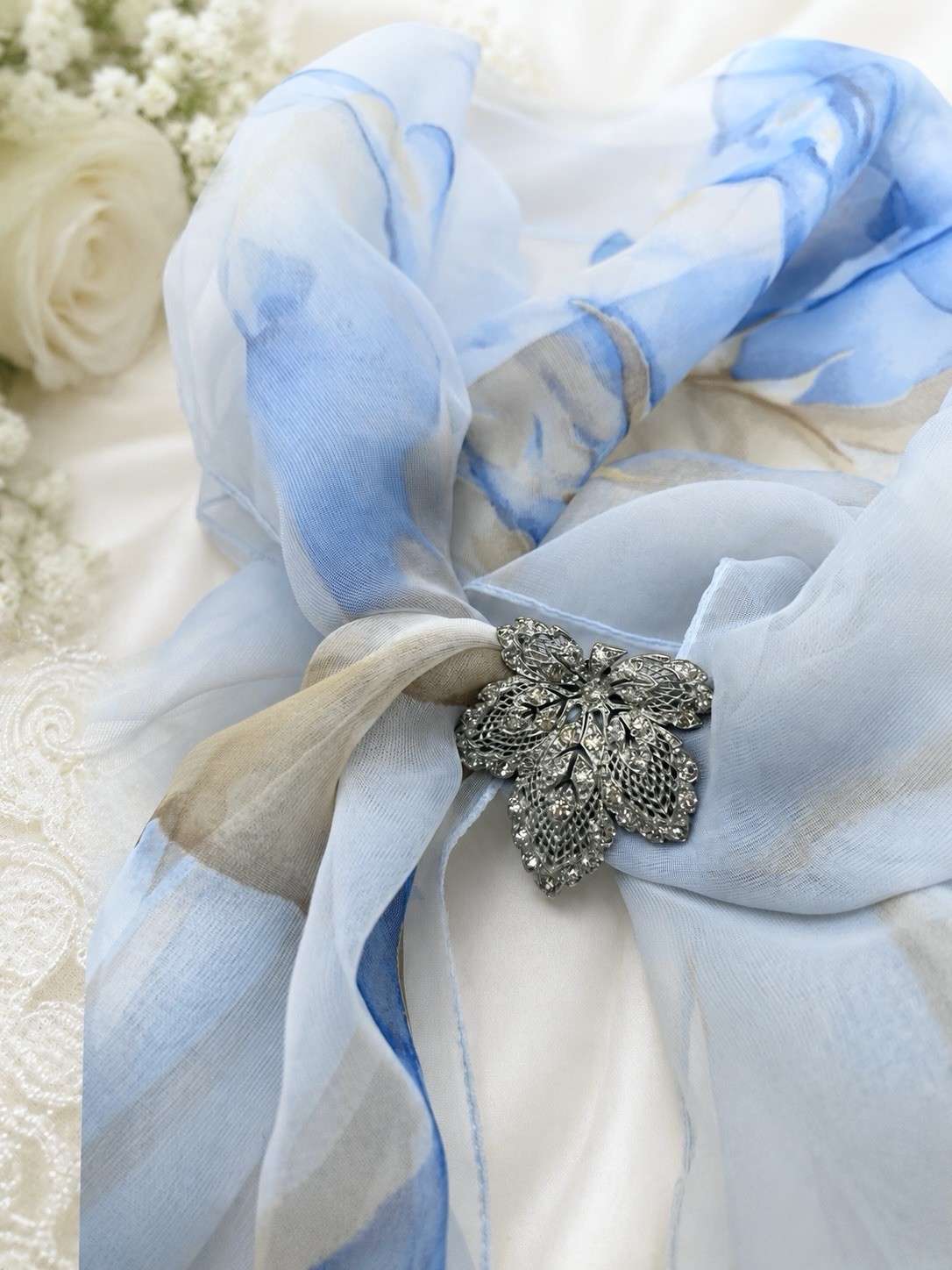 Vintage Rhinestone Dress Clip Leaf Fur Clip Silver Tone Filigree Bridal Brooch